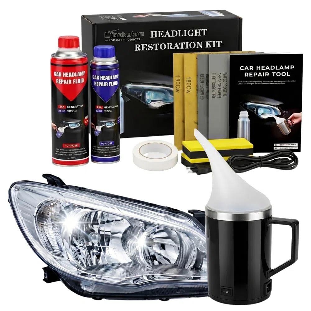 Kit de Pulido de Faros Coche con Taza Atomizadora, 1100g Líquido Abrillantador para Amarilleo y Oxidación, Herramienta de Mantenimiento Universal 110V-220V