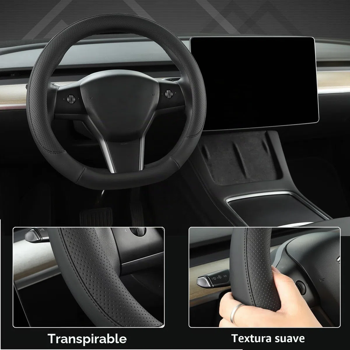 GIANT PANDA Funda Volante Coche para Tesla Model 3 / Tesla Model Y, Forma D, Color Negro