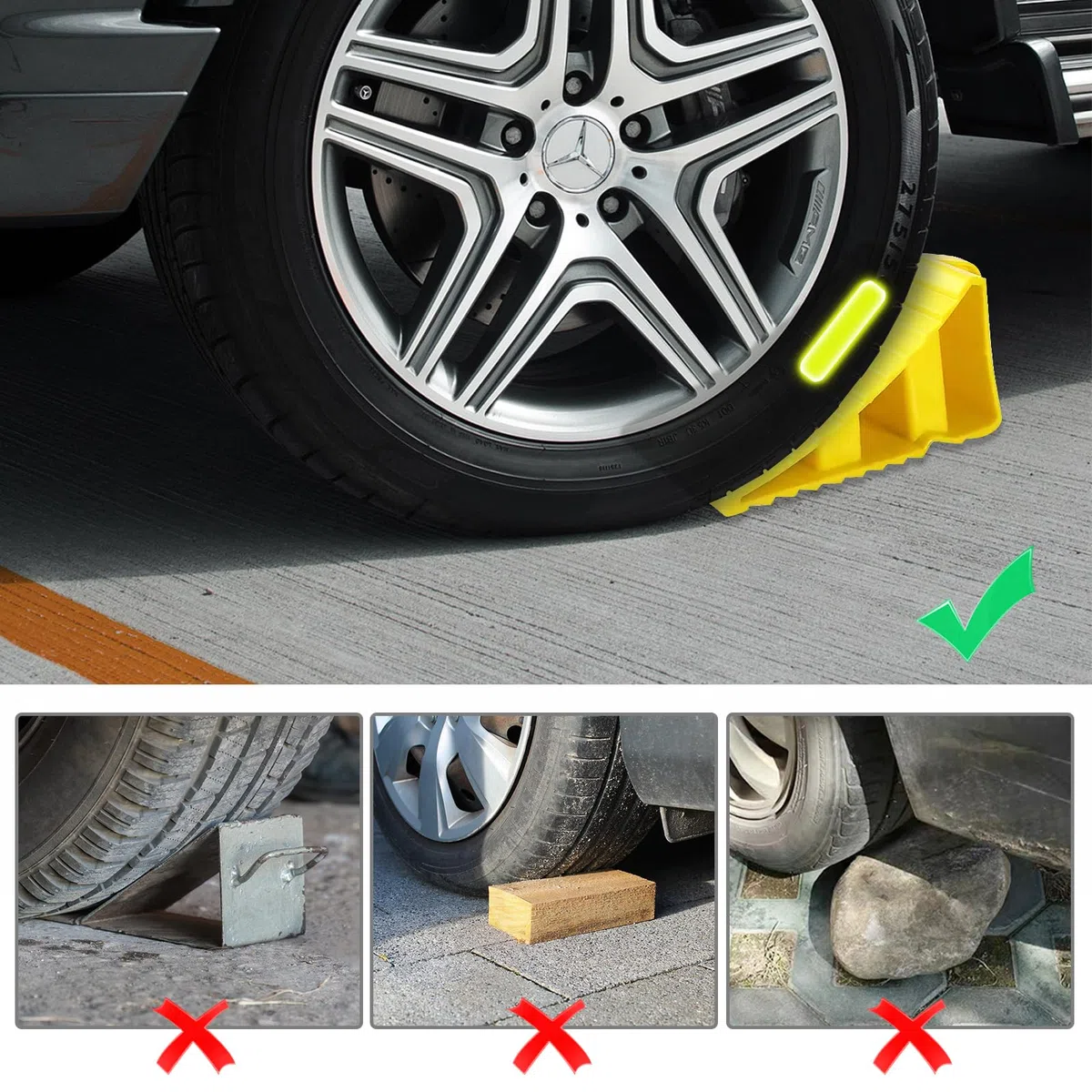 4 piezas de calzos de rueda, calzos de rueda con asas, plástico amarillo con 10 pegatinas reflectantes, calzos de rueda antideslizantes, plástico amarillo, calzo de rueda para coche, caravana