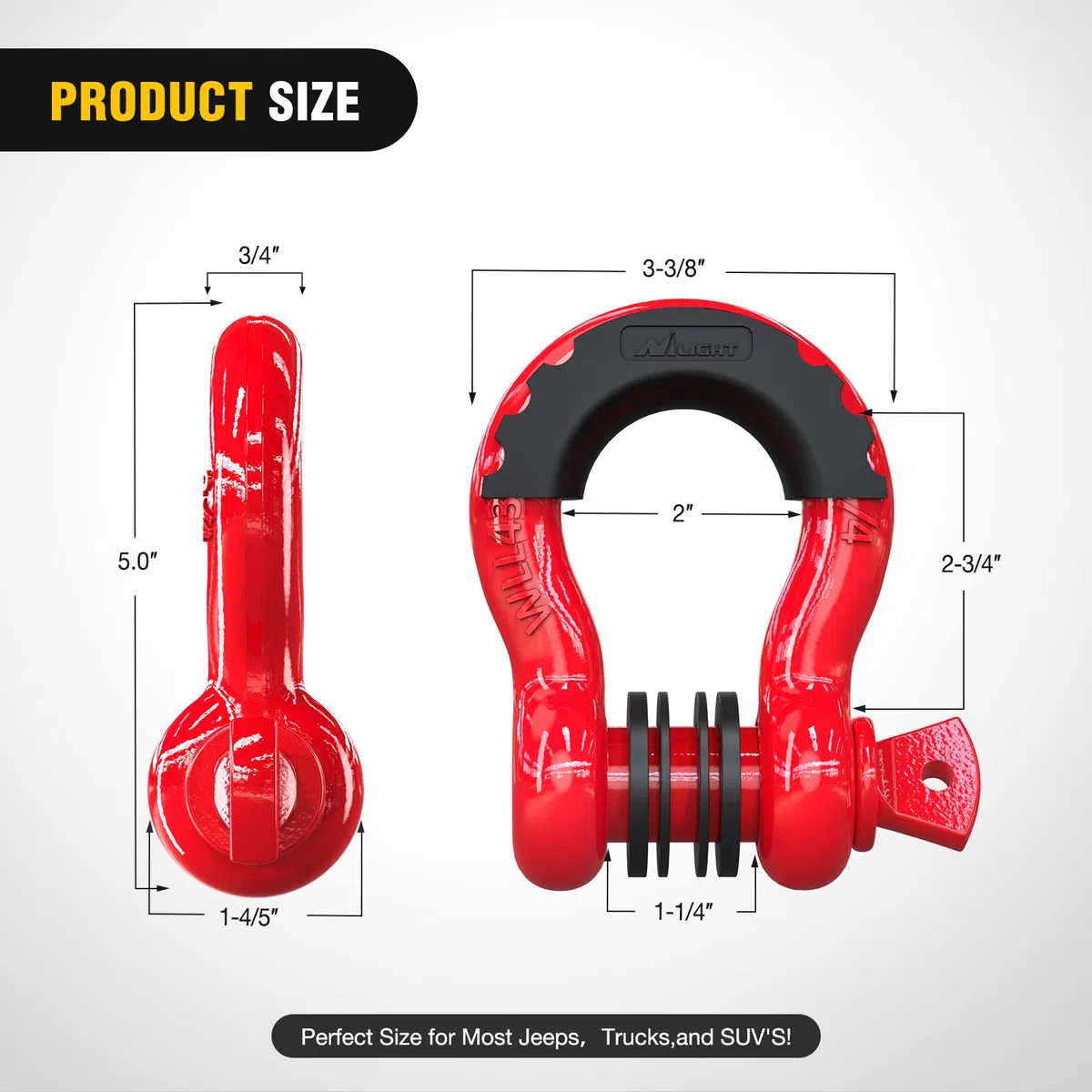 Nilight 90053B Paquete de 2 Ganchos en D de 1.9 cm, Capacidad de 4.75 toneladas, con Pasador de 2.2 cm, Ganchos de recuperación Todoterreno con aisladores y Arandelas para Jeep, camión, Rojo