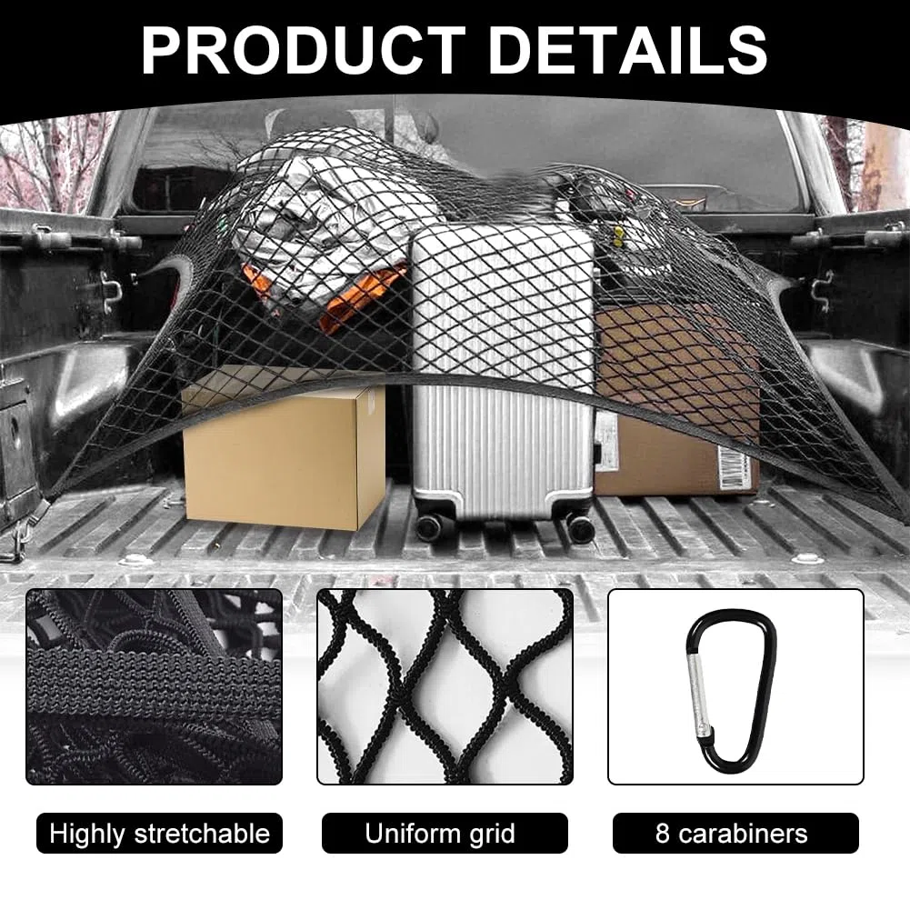 Red de equipaje altamente elástica para camionetas, 120 x 120 cm (extensible hasta 210 x 210 cm) con 8 mosquetones de acero, red para maletero de coche, fijación de equipaje para camiones, coches