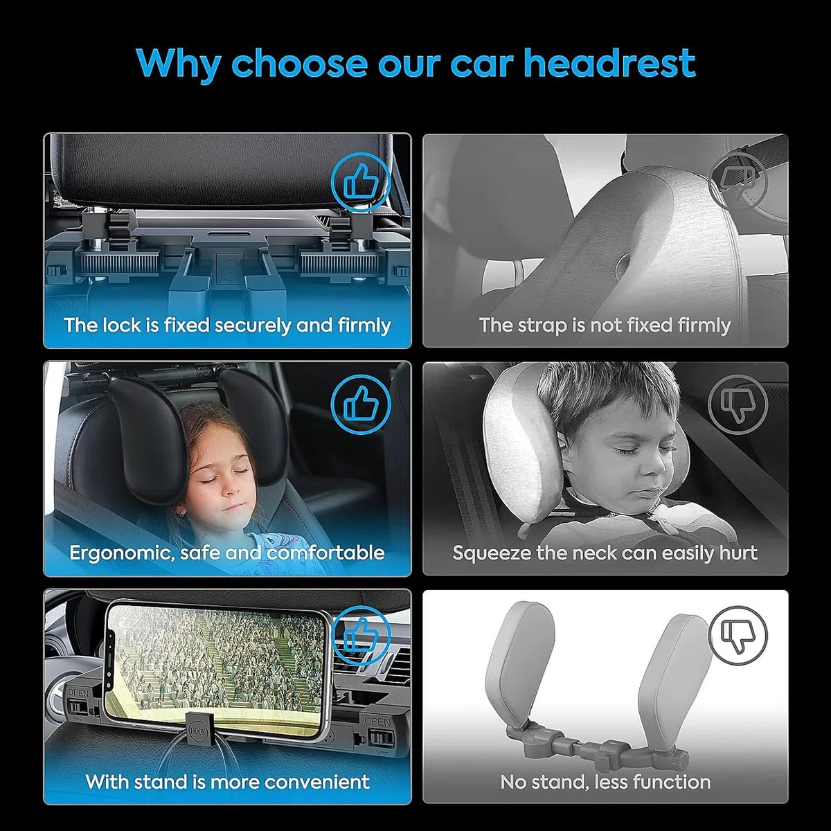 Reposacabezas Coche, Soporte para El Cuello Retráctil y Extraíble Almohada Gancho para Reposacabezas del Asiento del Coche, para Niños Adultos Soporte para La Cabeza (Negro, A05 PU)