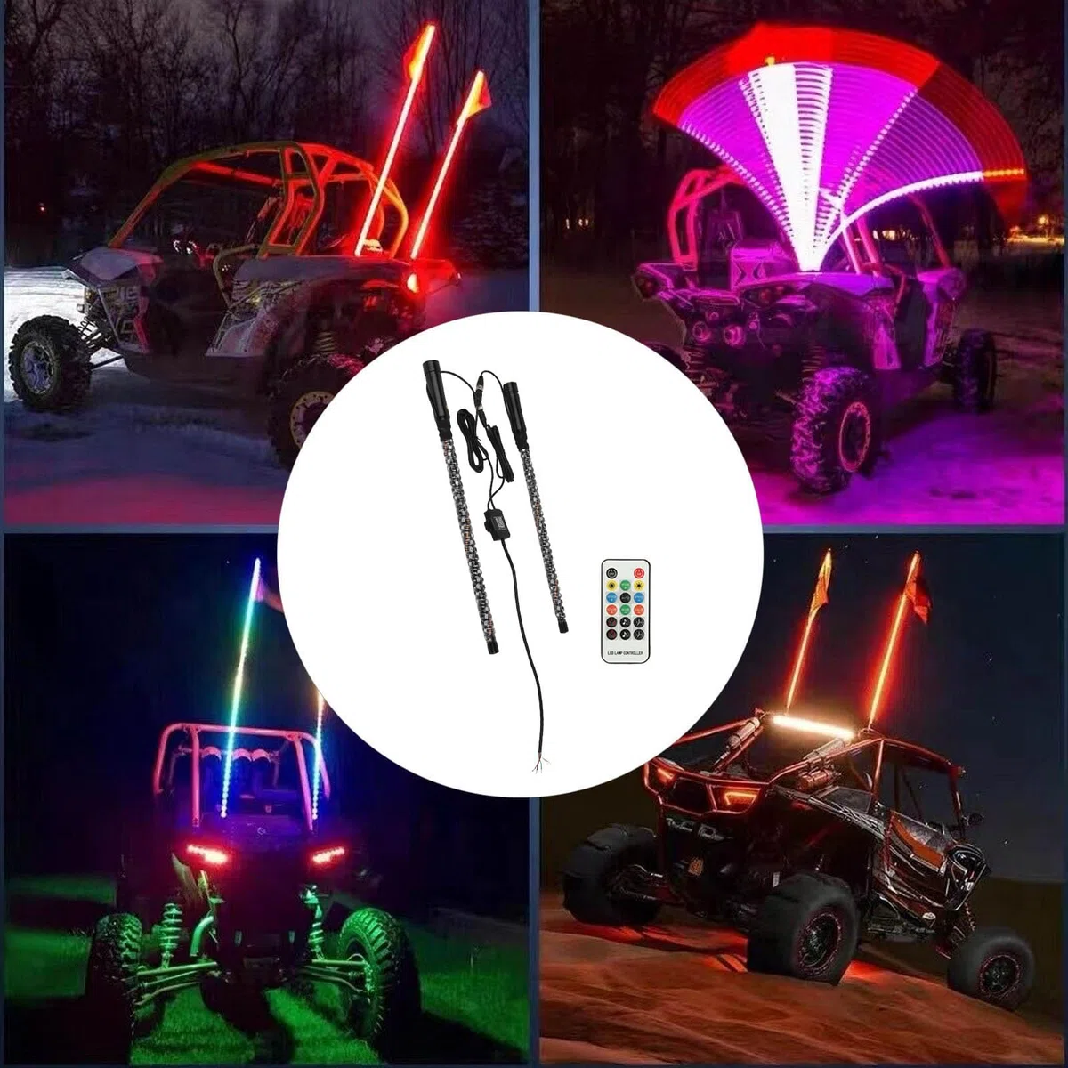 Aramox RGB LED Whip Light con Bandera APP Control LED RGB Chase Dancing Light Offroad Advertencia Iluminada Antena Látigos 300 Patrones 366 Modos 12 a 24V para UTV ATV Off Road (2 pies)
