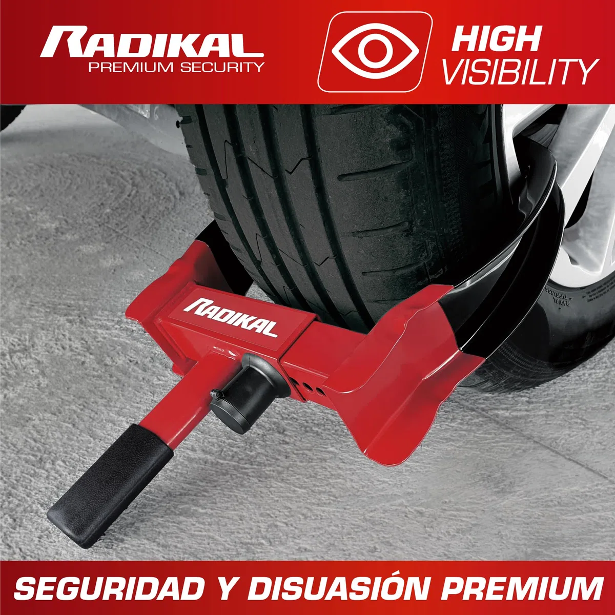 RADIKAL RK1001 Cepo Antirrobo Rueda Coche, Universal Regulable 18-29cm, Cerradura Alta Seguridad, Antiarañazos, Antirobo Inmovilizador Abrazadera para Bloqueo Coche, Furgoneta, Caravana, Remolque