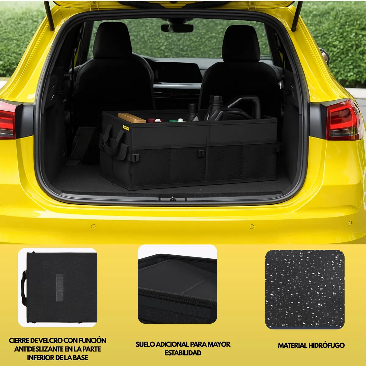 Organizador Maletero Coche 50L - Bolsa Maletero coche Plegable con Bolsillos, Base Doble y Paredes Reforzadas - Versátil y Seguro - Base Antideslizante - Cinchas Ajustables - Tapa Extraíble