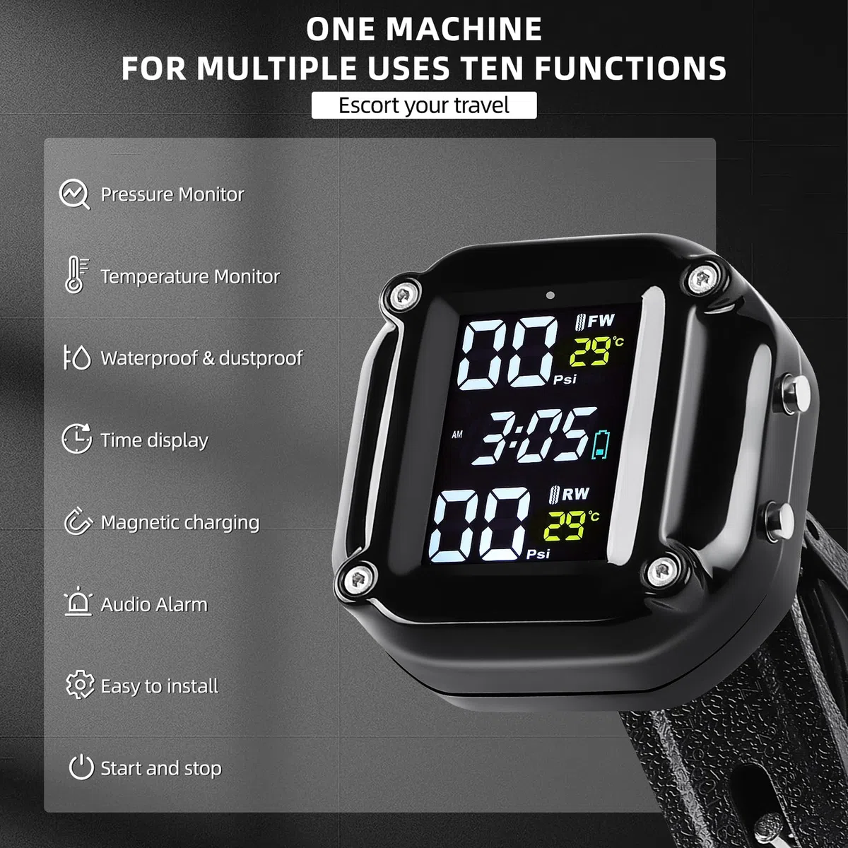 KAOLALI Motocicleta TPMS Sistema de monitoreo de presión de neumáticos con Pantalla LCD de 2 sensores externos Carga USB magnética e IP67 Impermeable