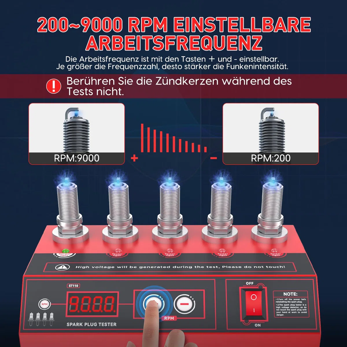 MRCARTOOL Comprobador de Bujías de Automóvil Analizador de Bujías con 5 Orificios de Prueba de 12mm y Pantalla LCD, Frecuencia Ajustable 200-9000RPM, para Vehículos de 12V, Bujía NGK y Platino