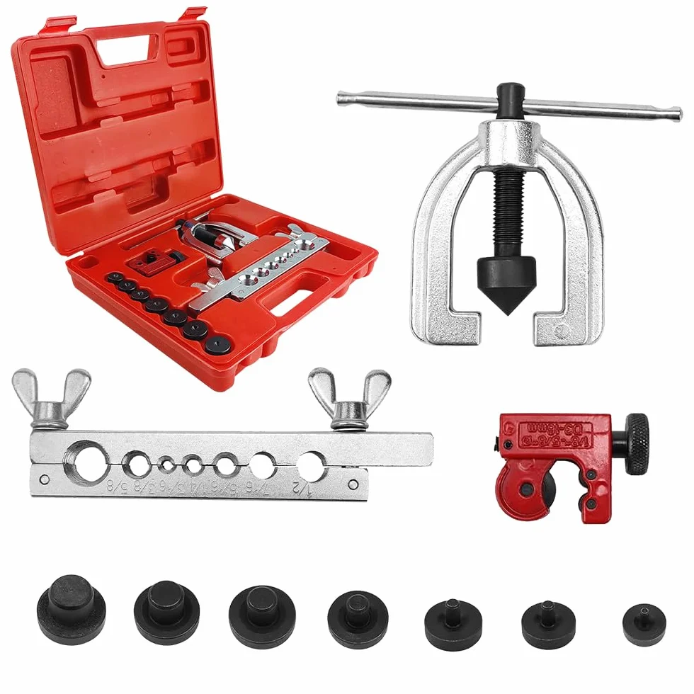 Kit de Abocardador Aire Acondicionado con Cortatubos Cobre, 5-16 mm Herramientas Aire Acondicionado, Kit de Expansor de Tubos Cobre, Expandidor de Tubos para Línea de Freno Doble y Simple
