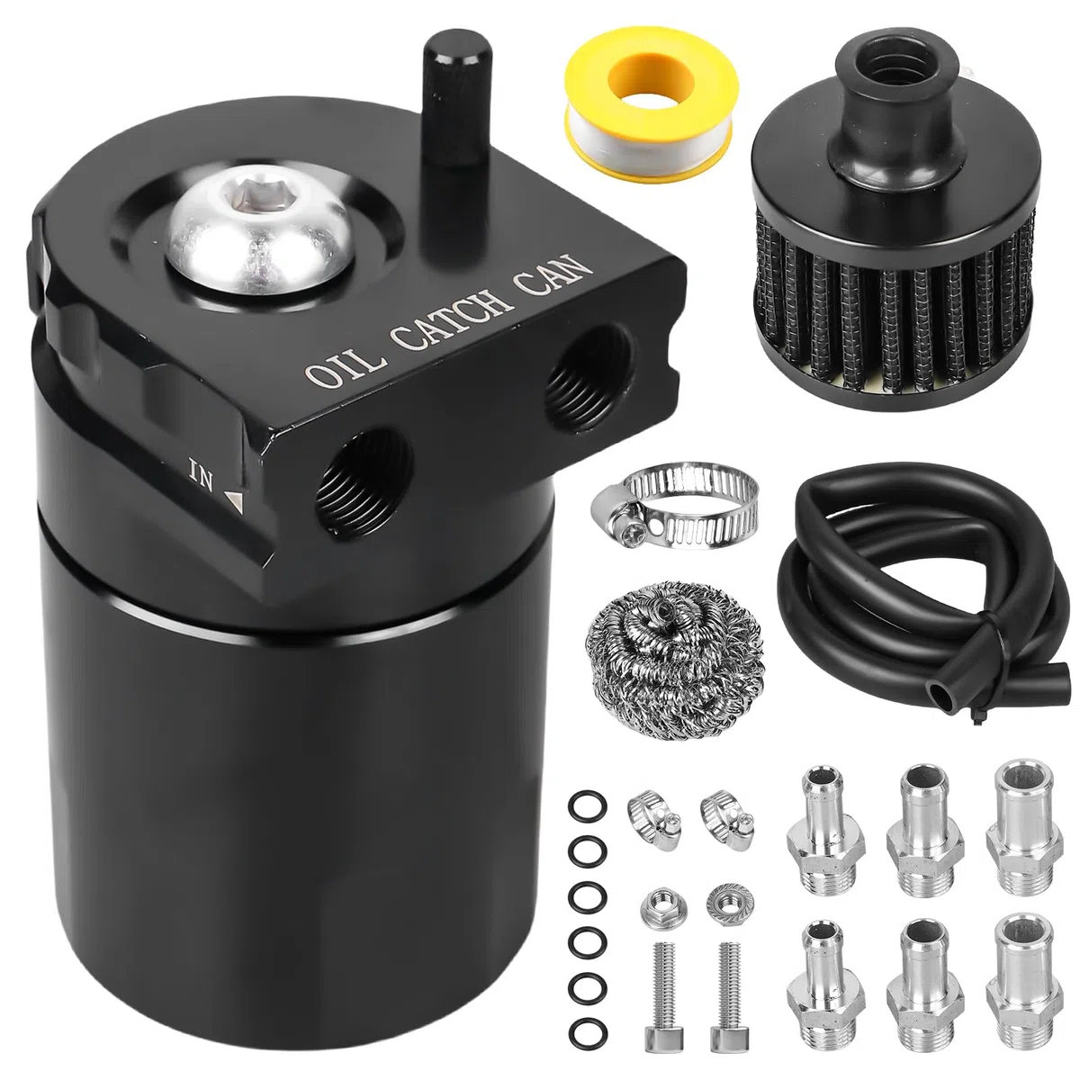 GBKDQQ Depósito de Captura de Aceite Universal 300ml (Negro) - Depósito de Separación de Aceite con Filtro de Aire y Accesorios, Depósito de Aceite de Aluminio para Auto/Motocicleta