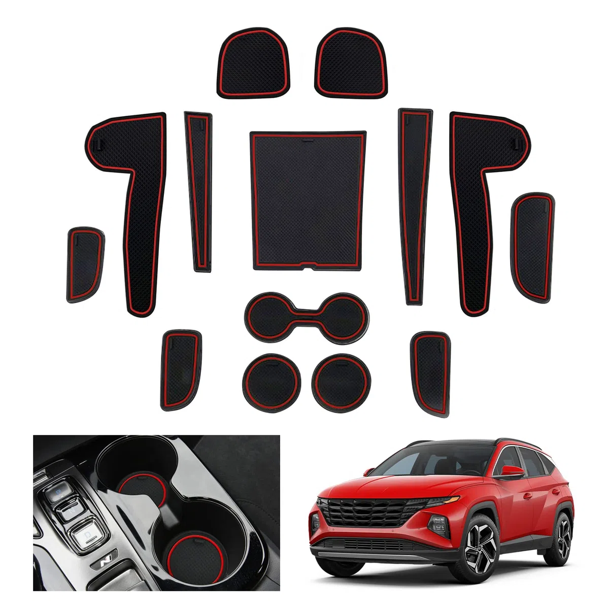 GAFAT Hyunda-i Tucson NX4 2021 2022 2023 (Automáticas Electrónicas) Alfombrillas Antideslizantes, Tucson 2022 Alfombrillas de Goma para Consola Central, Costura de Puerta (Rojo)