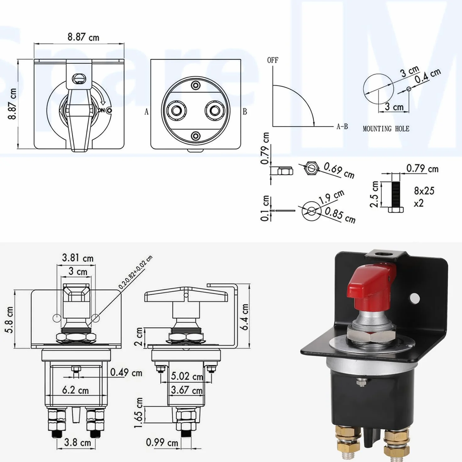 Greluma 1 pieza Interruptor de corte de batería de alta corriente de 300A,12-36V,con placa de bloqueo (reemplaza el 20247),interruptor maestro de desconexión de batería impermeable con manija fija