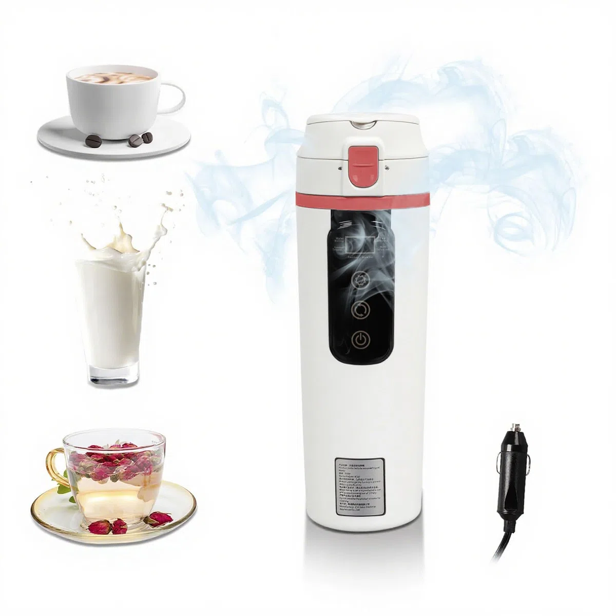 500ml Hervidor de Agua para Coche 12V/24V, Hervidor de Agua Portatil Coche Calentador de Agua Portátil para Coche, Temperatura Ajustable, Control Táctil, para Calentar Agua, Café, Leche, Té, Blanco