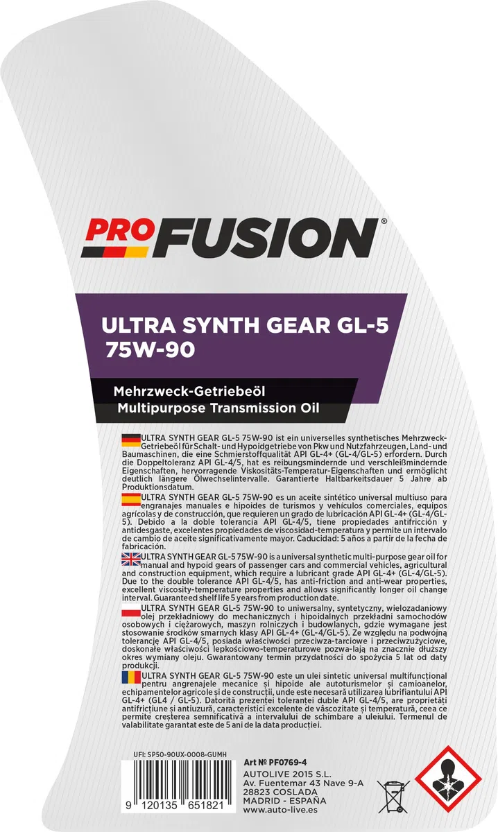 ProFusion 75W-90 4L Ultra Synth Gear GL-5 – Aceite de Transmisión Sintético para Cajas Manuales, Diferenciales y Engranajes Hipoides – API GL-4/GL-5, MB 235.0, ZF TE-ML