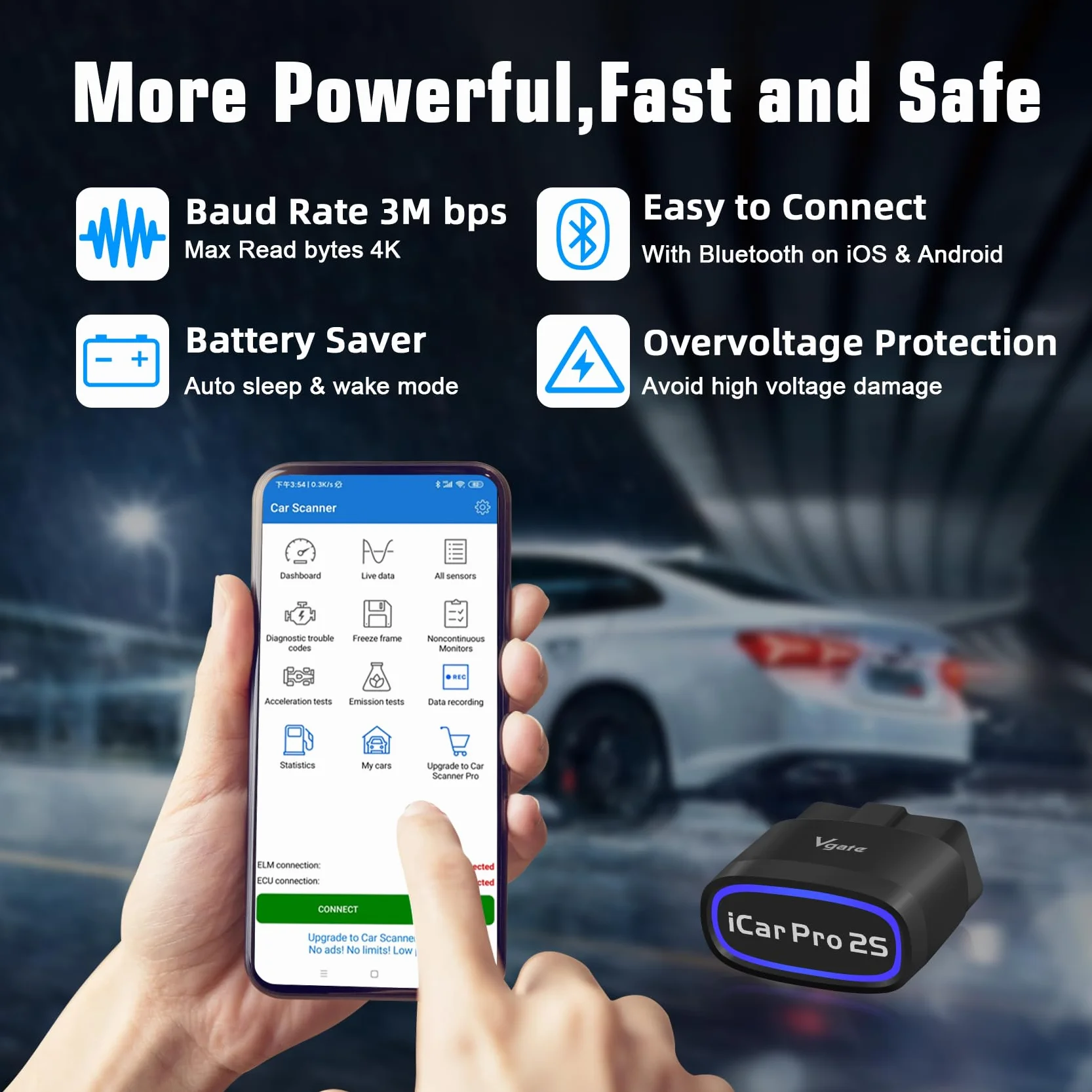 Vgate iCar Pro 2S OBD2 Bluetooth Adaptador Check Engine Vehicle Code Reader Herramientas de diagnóstico Scanner para iOS & Android y Windows Hecho para Electric (EV) y vehículos híbridos