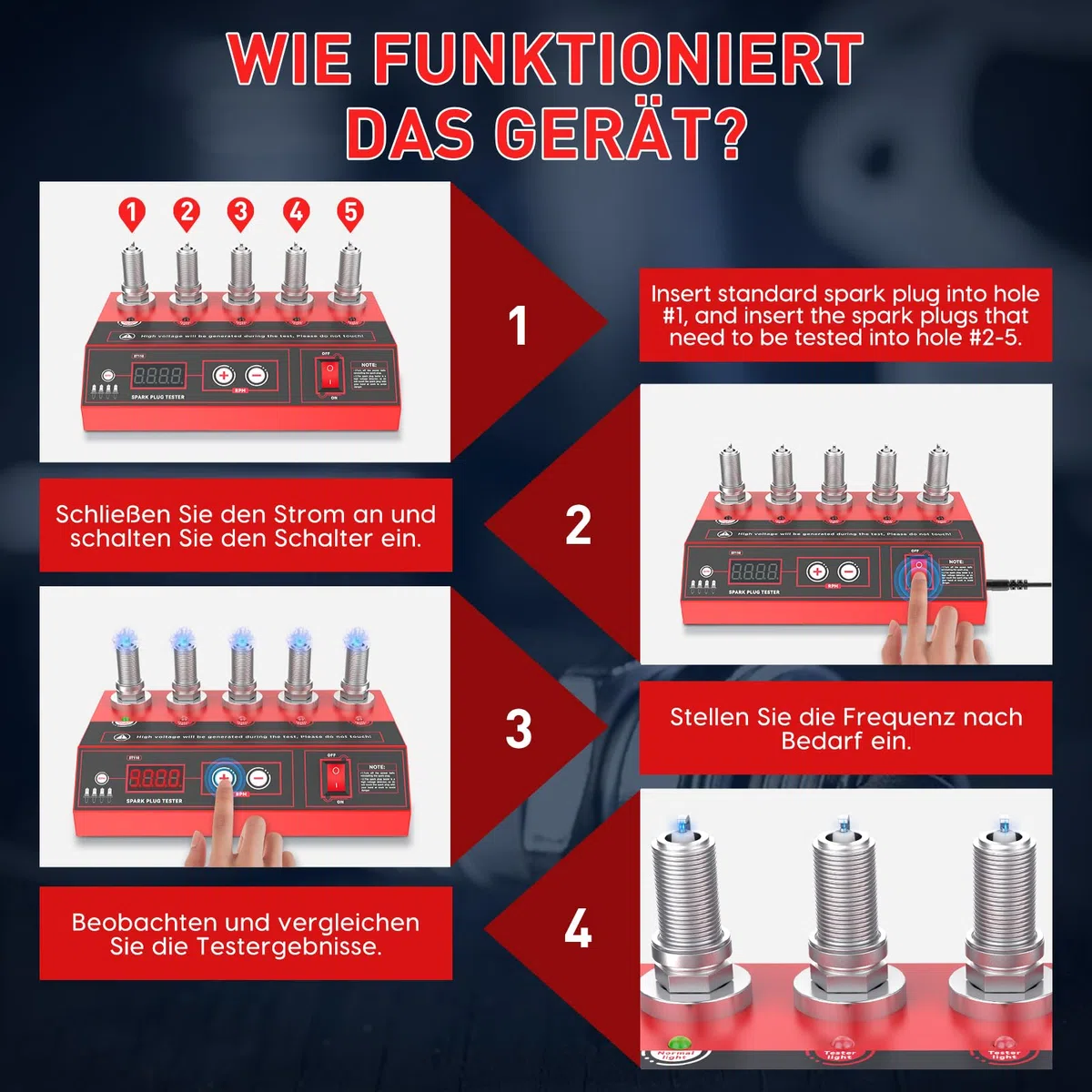 MRCARTOOL Comprobador de Bujías de Automóvil Analizador de Bujías con 5 Orificios de Prueba de 12mm y Pantalla LCD, Frecuencia Ajustable 200-9000RPM, para Vehículos de 12V, Bujía NGK y Platino