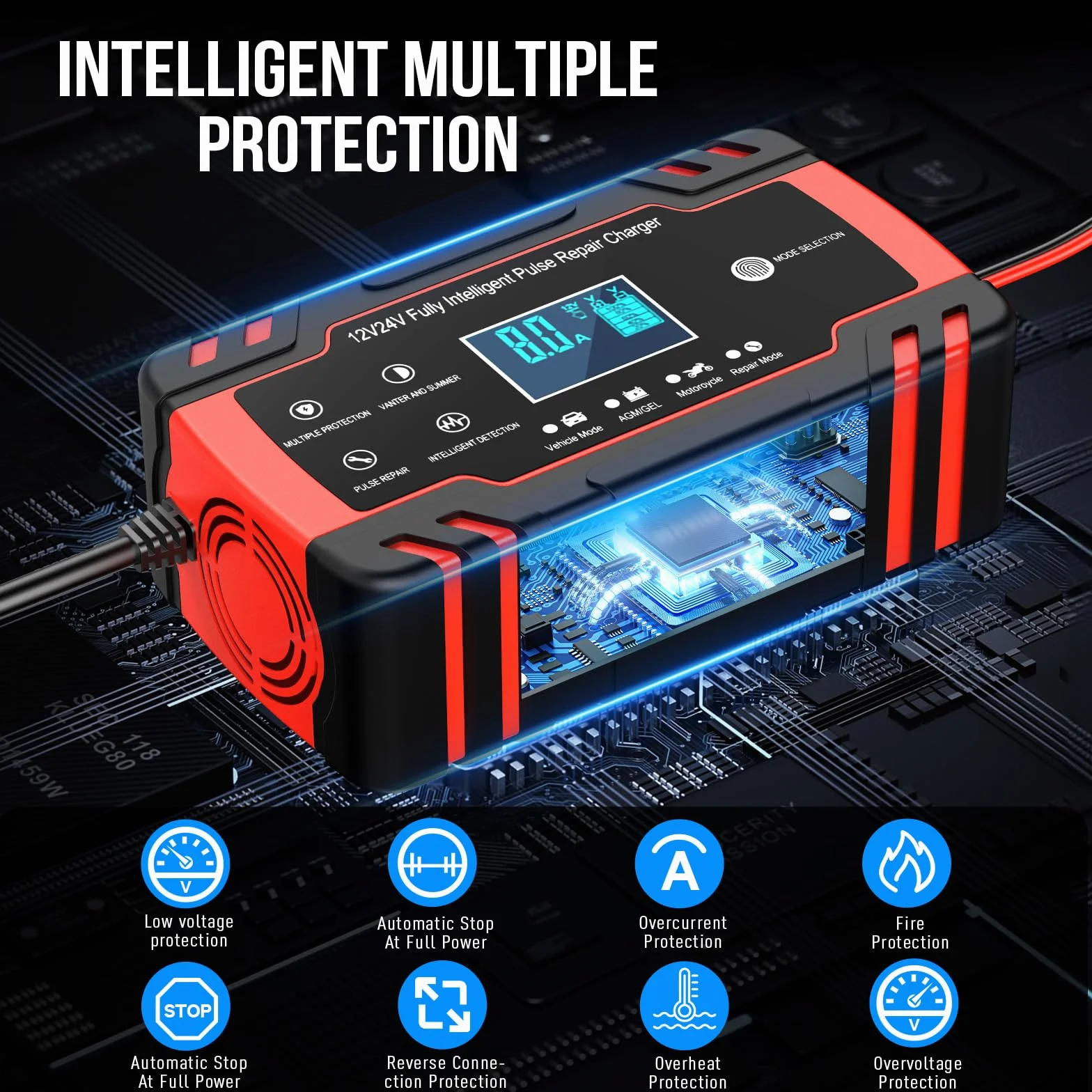 8A 12V/4A 24V Cargador de Batería de Coche,Cargador de Batería Inteligente para Moto con Función de Reparación,Múltiples Protecciones,para Auto, Moto,Camión,AGM,Gel,Wet, SLA