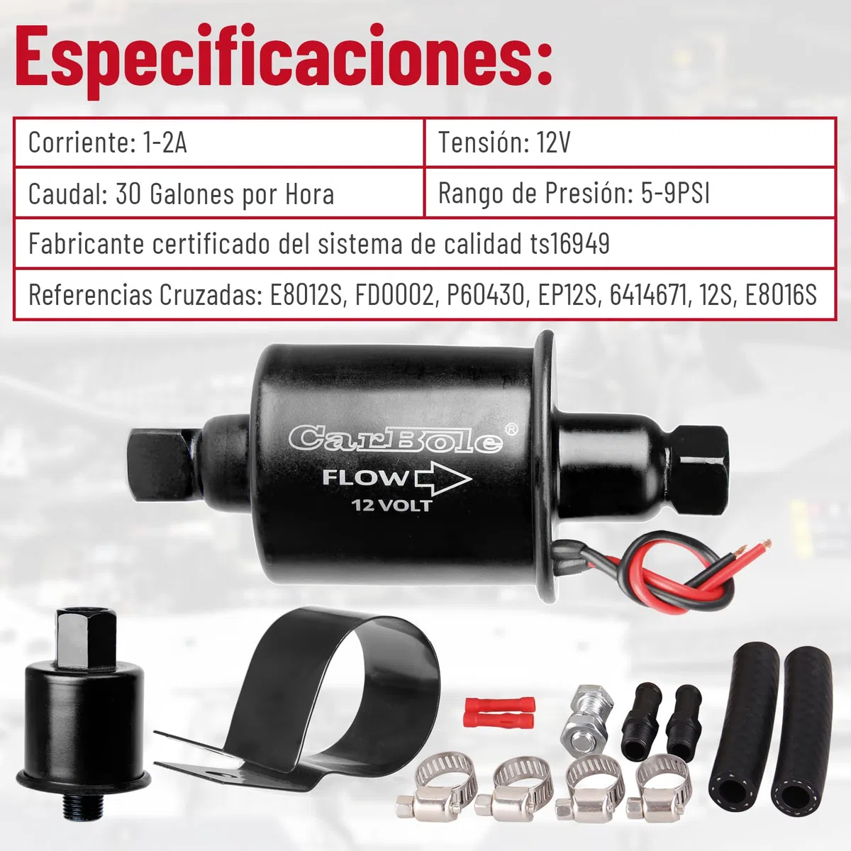 CarBole Bomba de Combustible Eléctrica 12V,5-9PSI,Bombas de Combustible,Entrada y Salida de 5/16 Pulgadas,Todos los automóviles y generadores de 12V Pompe à Carburant