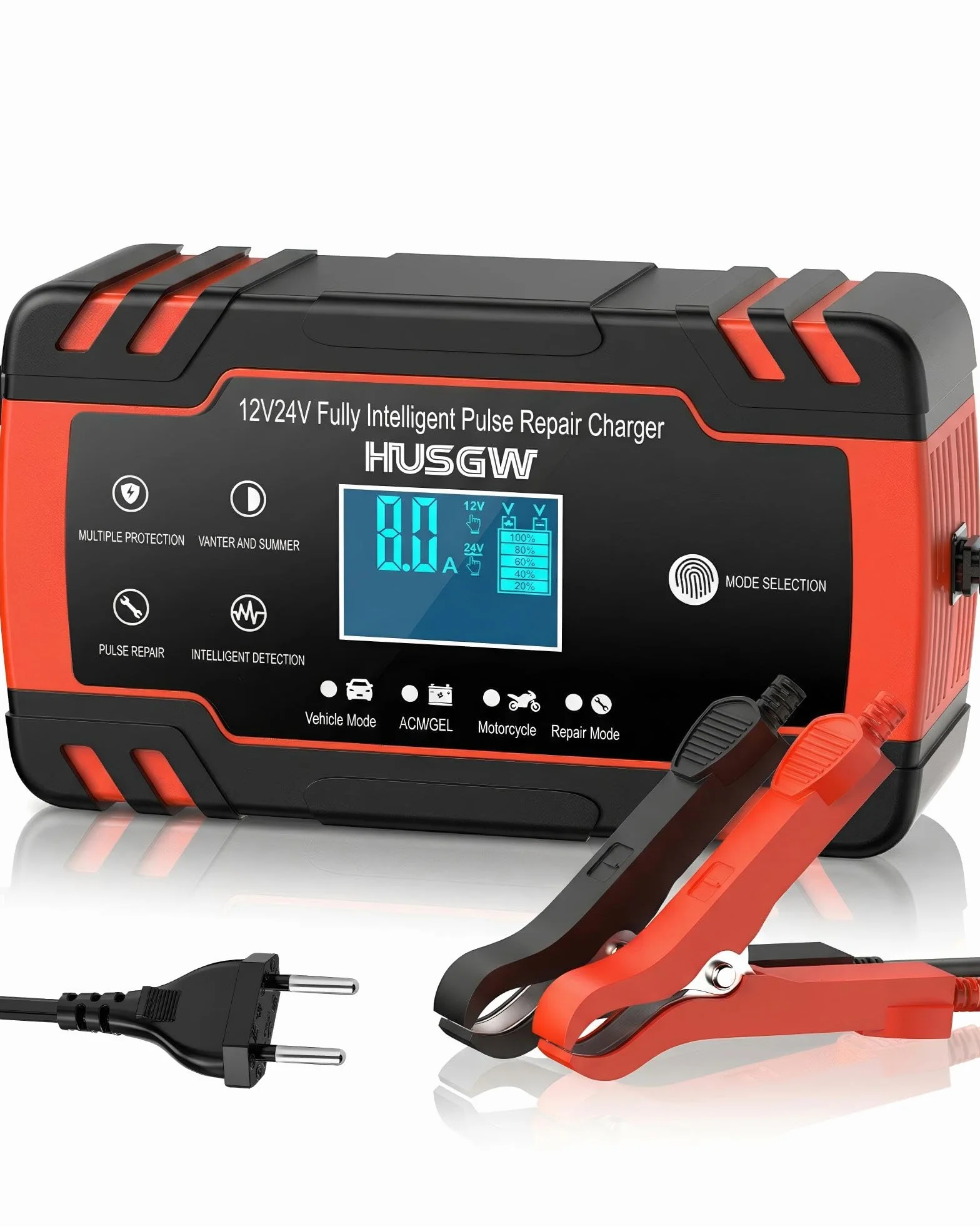 8A 12V/4A 24V Cargador de Batería de Coche,Cargador de Batería Inteligente para Moto con Función de Reparación,Múltiples Protecciones,para Auto, Moto,Camión,AGM,Gel,Wet, SLA