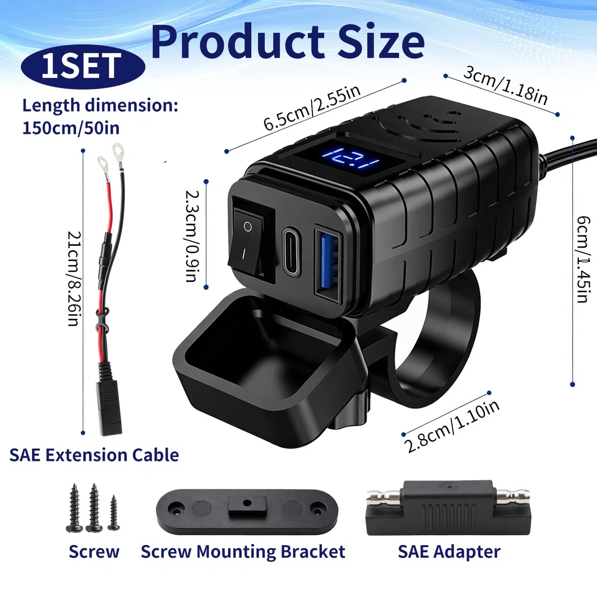 Cargador USB Moto, Toma USB C 12V 24V con PD3.0 36W y QC3.0 18W, Enchufe Impermeable con Interruptor, Voltímetro LED, Fusible 10A SAE para Motocicleta ATV Scooter Camper Barco Coche GPS RV
