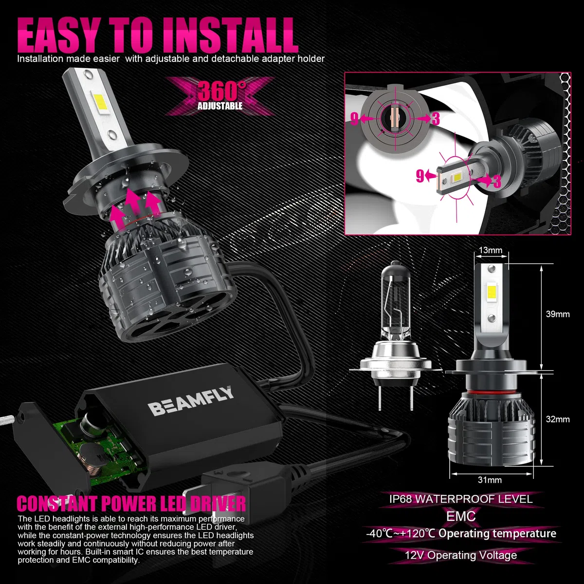 Bombillas H7 LED 32000LM, Lampara Faros Delanteros Coche 12V 100W 6000K Luces Blancas