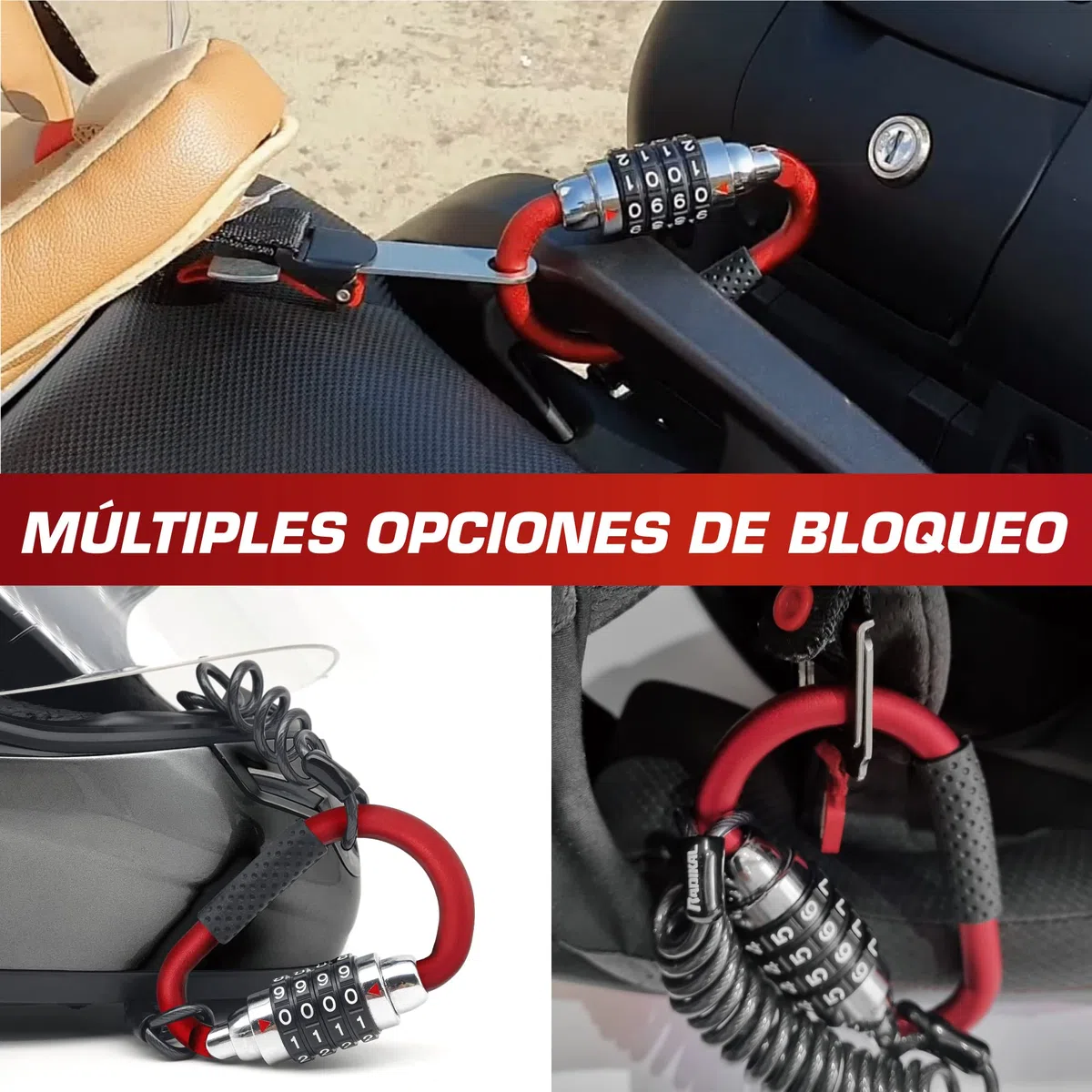 RADIKAL RK540R Candado Casco Moto, Mosqueton Multifuncion con Código 4 Digitos Más Seguro, Adaptador T, Cable Seguridad Acero Trenzado, Accesorio Antirrobo Universal para Casco Moto Bicicleta Chaqueta
