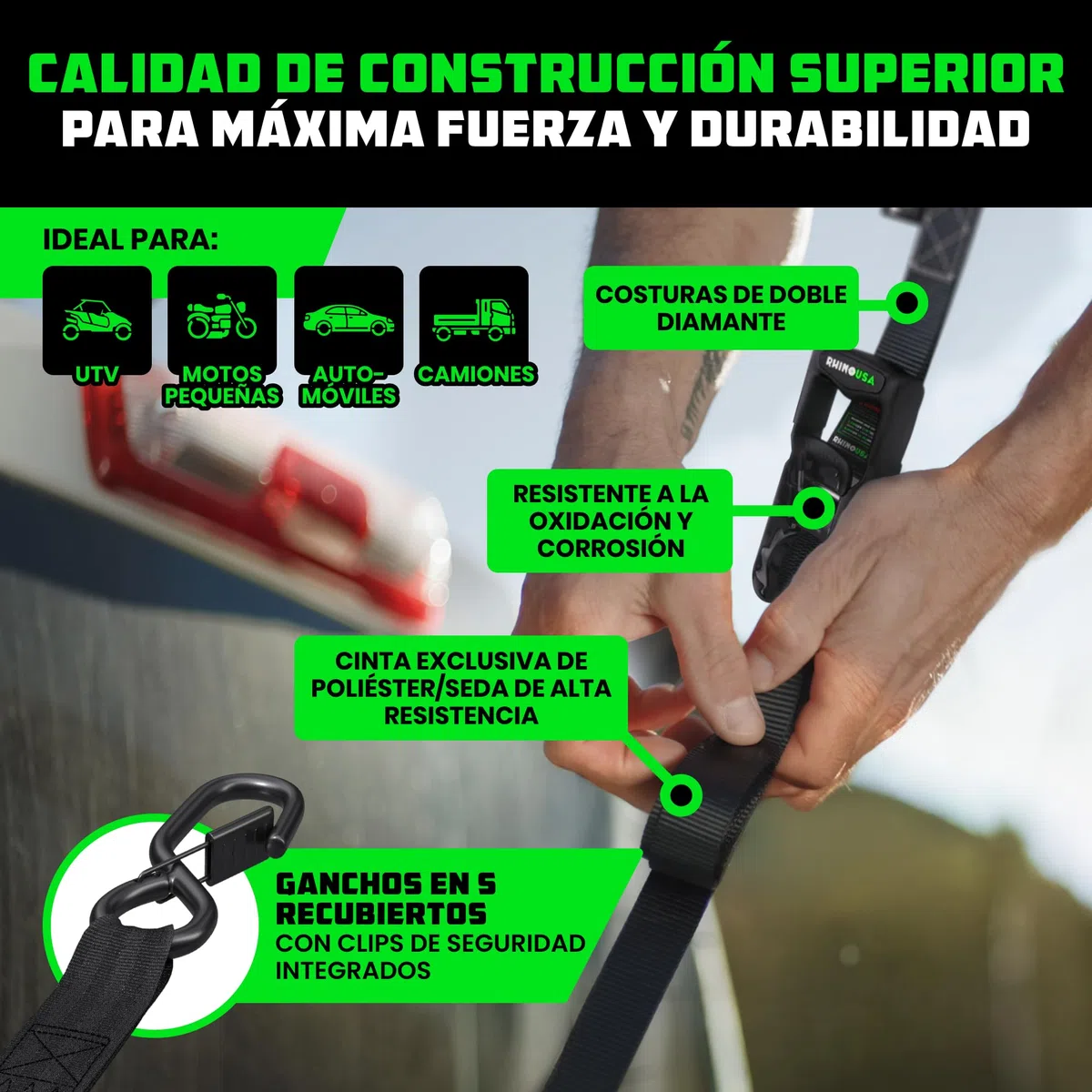 Rhino USA Kit Correas de Amarre Servicio Pesado (Paqeute de 2) 4cmx2,4m (2000kg de Resistencia a la Rotura) - Cinchas Fijación Últimas con Ganchos de Seguridad para Camionetas, ATV, UTV, Motos - Azul