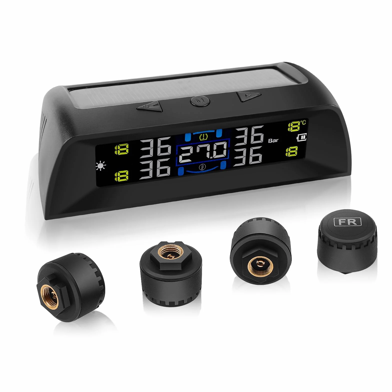 TPMS Sistema Monitoreo Presión Neumáticos, Carga Solar/USB, 6 Funciones de Alarma, Auto On/Off, Compatible Caravana/Berlina/SUV/MPV (4 Sensores, 72 PSI)