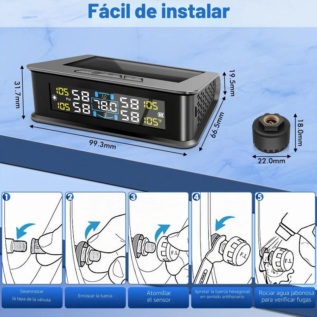 Sistema de Monitorización de Presión de Neumáticos TPMS, Solar Inalámbrico y Carga USB, Monitor de Presión de Neumáticos, 5 Modos de Alarma, 4 Sensores Externos, Rango 0-5 Bar, Ajuste