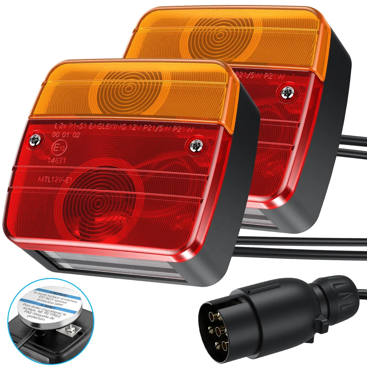 AUTOUTLET 2X Luces Traseras para Remolques, Iluminación del Remolque, con 7.5m Cable, 7 Pin Conector, Con Base Magnética, Luz Trasera 12V Bombillas para Camión, Remolque (7 pins imanes)
