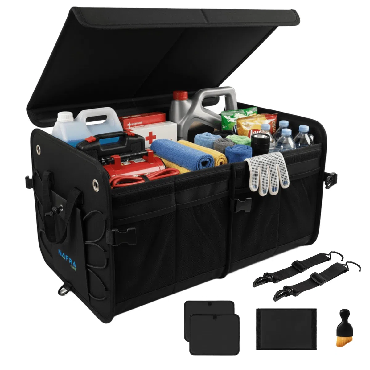 Organizador Maletero Coche (65L) Organizador coche de 57x37x32cm | Caja Maletero Coche plegable Tela Oxford 600D con base Antideslizante | Accesorios Autocaravana Furgoneta Camper Negro