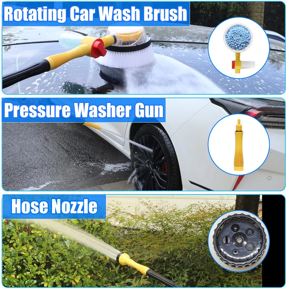 Cepillo Giratorio de Lavado de Coche con Mango Largo, Kit Cepillo de Limpieza de Coches con Espuma Automática, Pistola de Lavado a Presión y Boquilla de Manguera para Patios, Jardines, Mascotas
