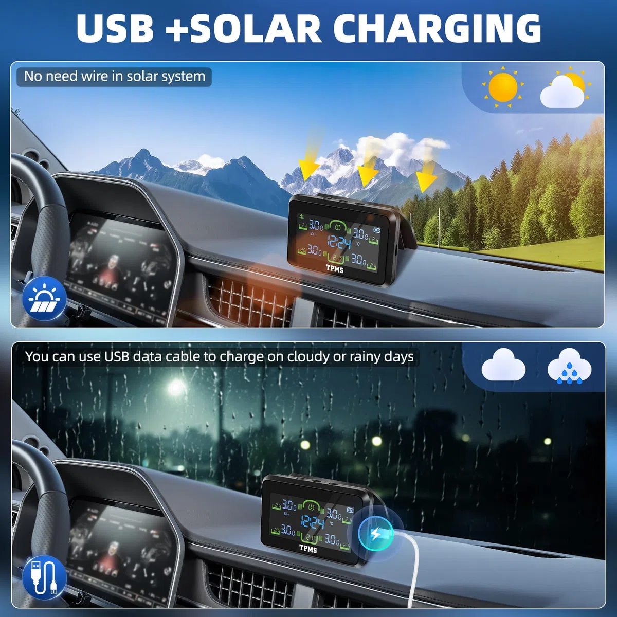 TPMS Sistema Monitoreo de Presión de Neumáticos con Soporte, Control Presion Neumaticos Coche, Carga Inalámbrica, Alerta de presión, Pantalla de Temperatura del Neumático 5Bar/99PSI
