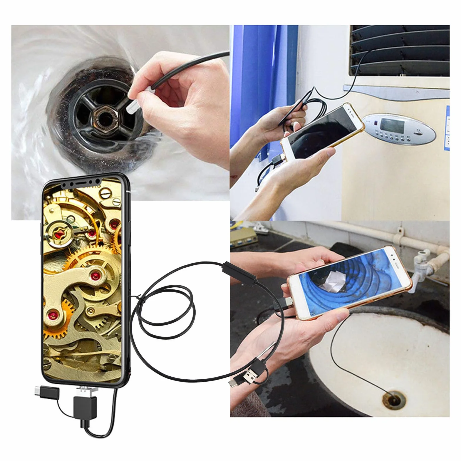 Cámara Endoscópica 3 en 1, Lente de 3,9mm, Boroscopio Impermeable, Inspección, Cámara de Serpiente, Endoscopio para Teléfono Móvil Android TypeC (Alambre Suave de 1 Metro)