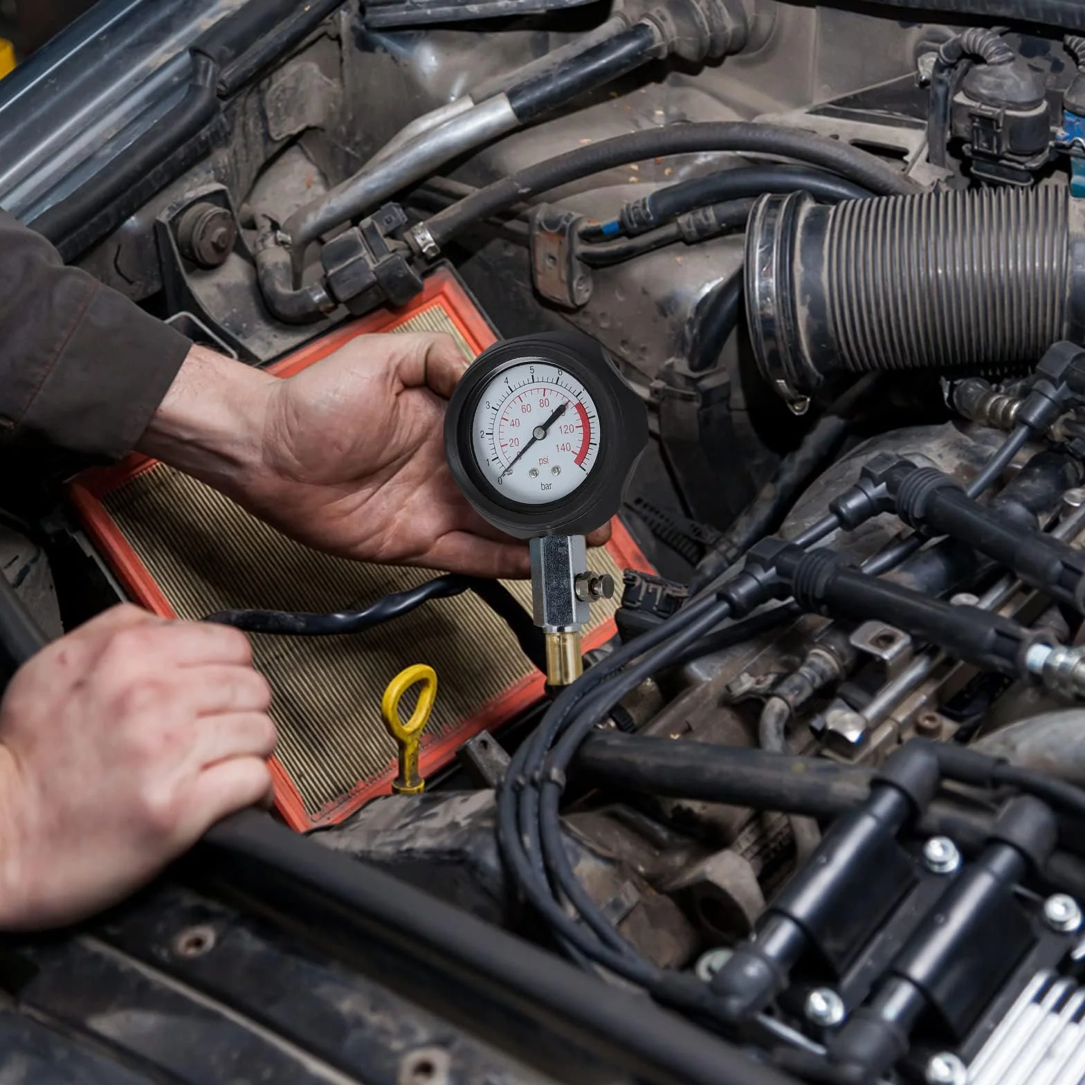 Kit de prueba de presión de aceite, kit de herramientas de manómetro, 0 – 140 psi, sistema de combustible, sensor mecánico, prueba de compresión de cilindro, para coches, ATV, camión