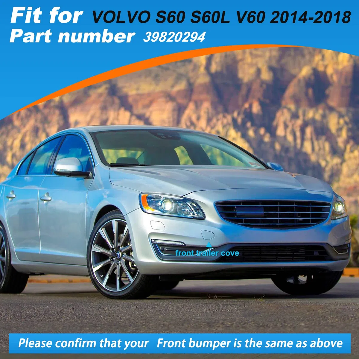 Xinpinsai - Cubierta de gancho de remolque para parachoques delantero para Volvo S60 S60L V60 2014 2015 2016 2017 2018 39820294 31323839 (gris, lado derecho del pasajero)