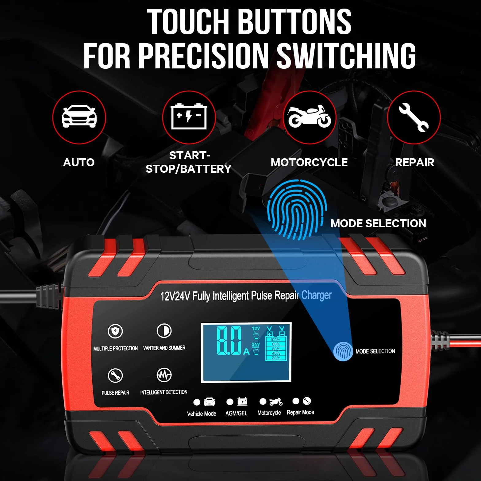 8A 12V/4A 24V Cargador de Batería de Coche,Cargador de Batería Inteligente para Moto con Función de Reparación,Múltiples Protecciones,para Auto, Moto,Camión,AGM,Gel,Wet, SLA
