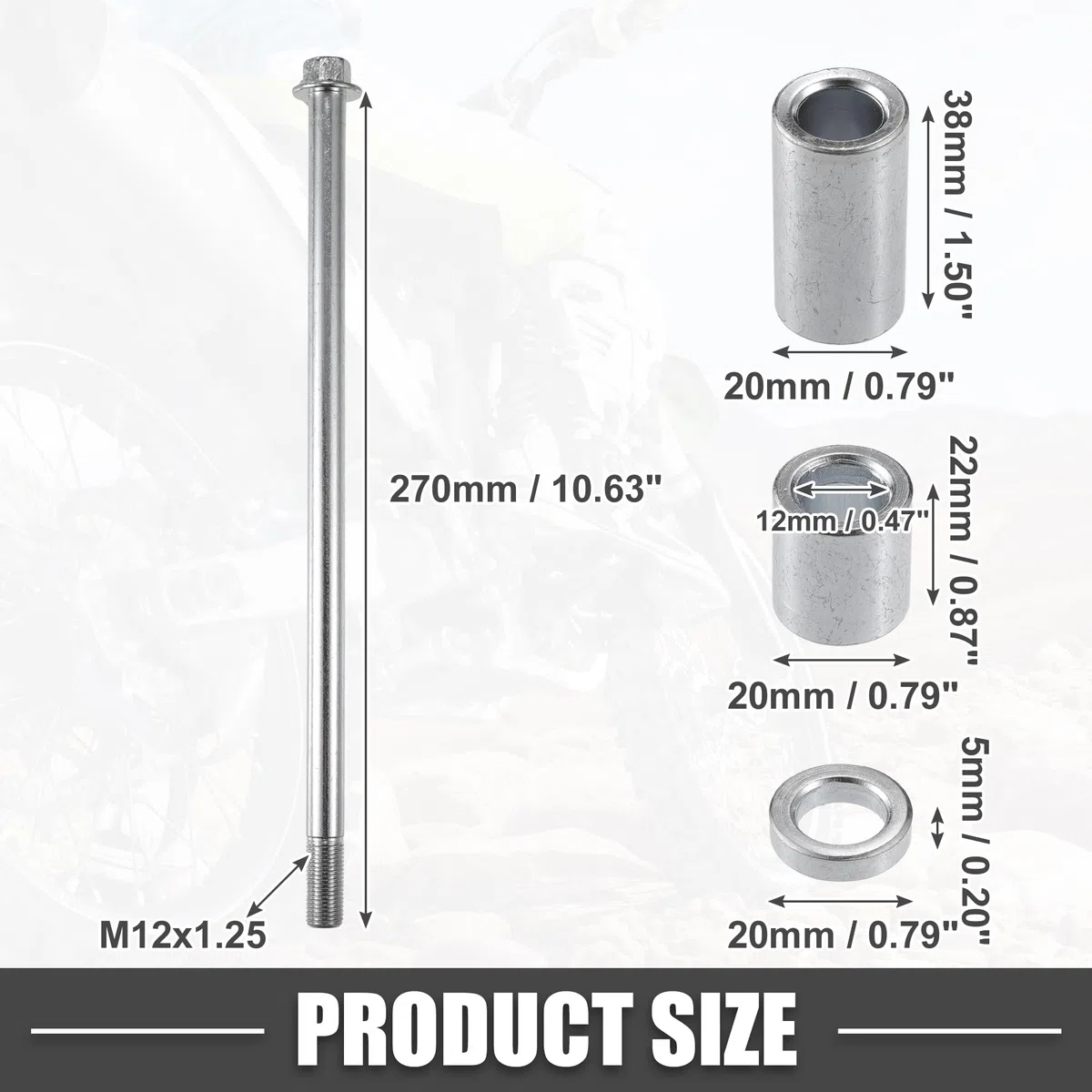 A ABSOPRO Eje delantero Trasero con Buje y Tornillo M12 270mm para Moto de Cross, Scooter, ATV, Rueda de Eje de Acero Aleado Tono Plateado