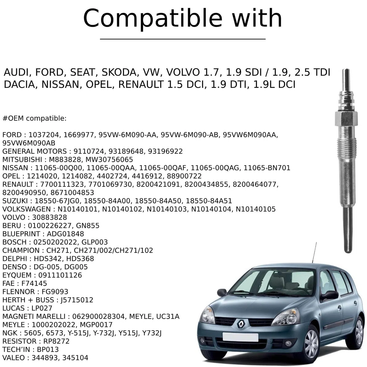 Twowinds - Calentadores 0250202022 Compatible con Renault Clio 3, Kangoo, Laguna 3, Megane 2, Master - 1.5, 1.9 Dci Dti - Bujías de Precalentamiento (Lote de 4 Piezas)
