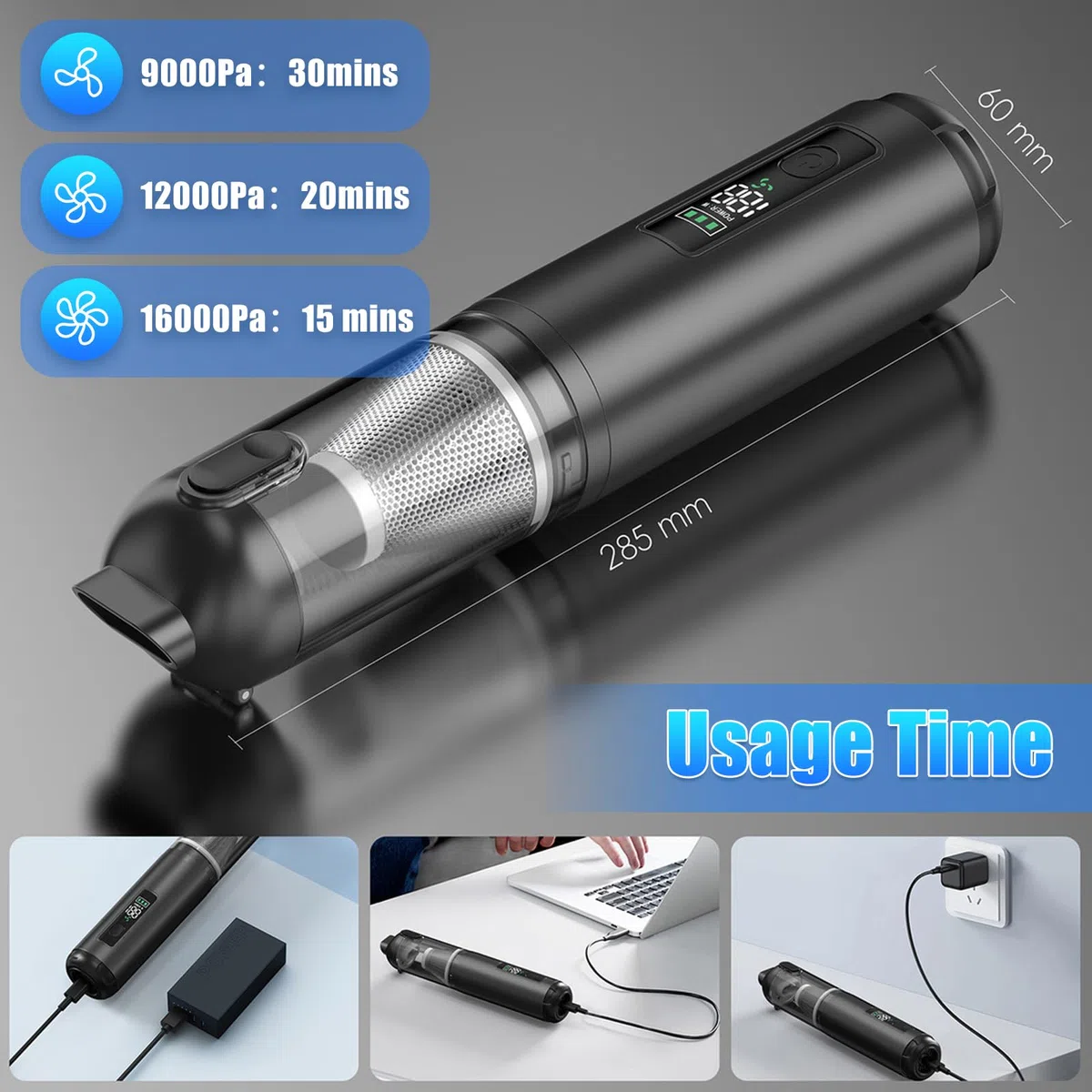 Journeyside Aspiradora de Mano para Coche, Aspiradora de Mano Inalámbrica16,000 PA, Aspiradora de Mano 2 en 1 Pantalla LED, 3 Niveles de Succión para Limpiar Rincones y Pequeños Residuos