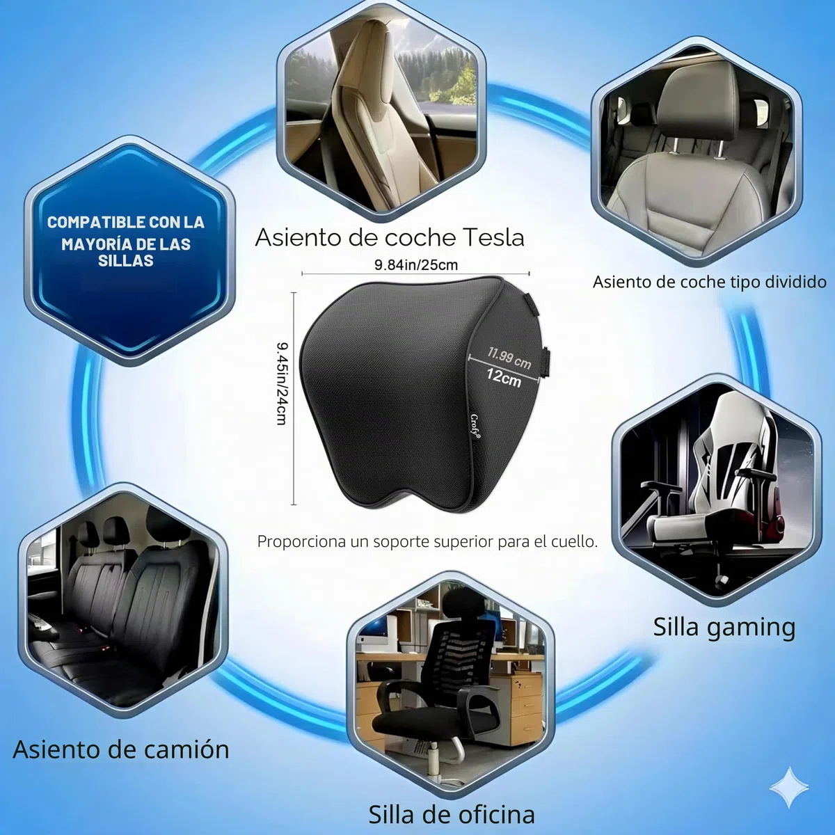 Crofy Juego de 2 Almohadas para el Cuello del Coche, Reposacabezas Suave para Conducir con Correa Ajustable, 100% Espuma de Memoria y Funda Transpirable Lavable, Diseño Ergonómico y Cómodo