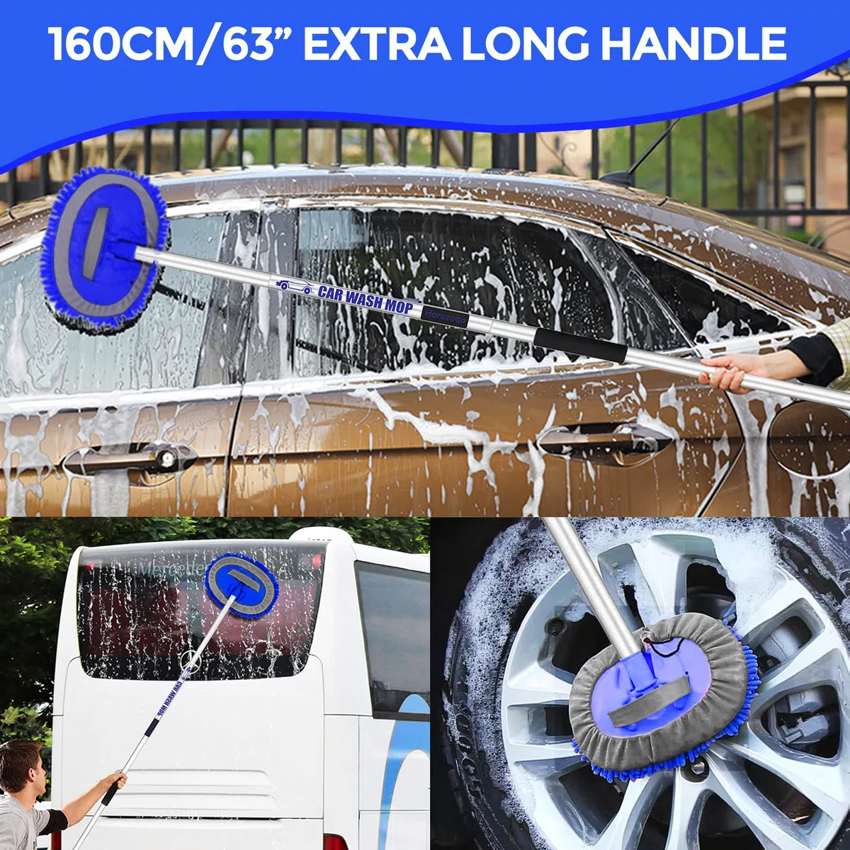 160cm 63" Cepillo Lavar Coche con Mango Telescopico Microfibra Kit Limpieza Caravana 2 In 1 Interior Exterior Mopa Accesorios Camper Vehículos Autocaravana Lavado Detailing Escoba Removedor Arañazos
