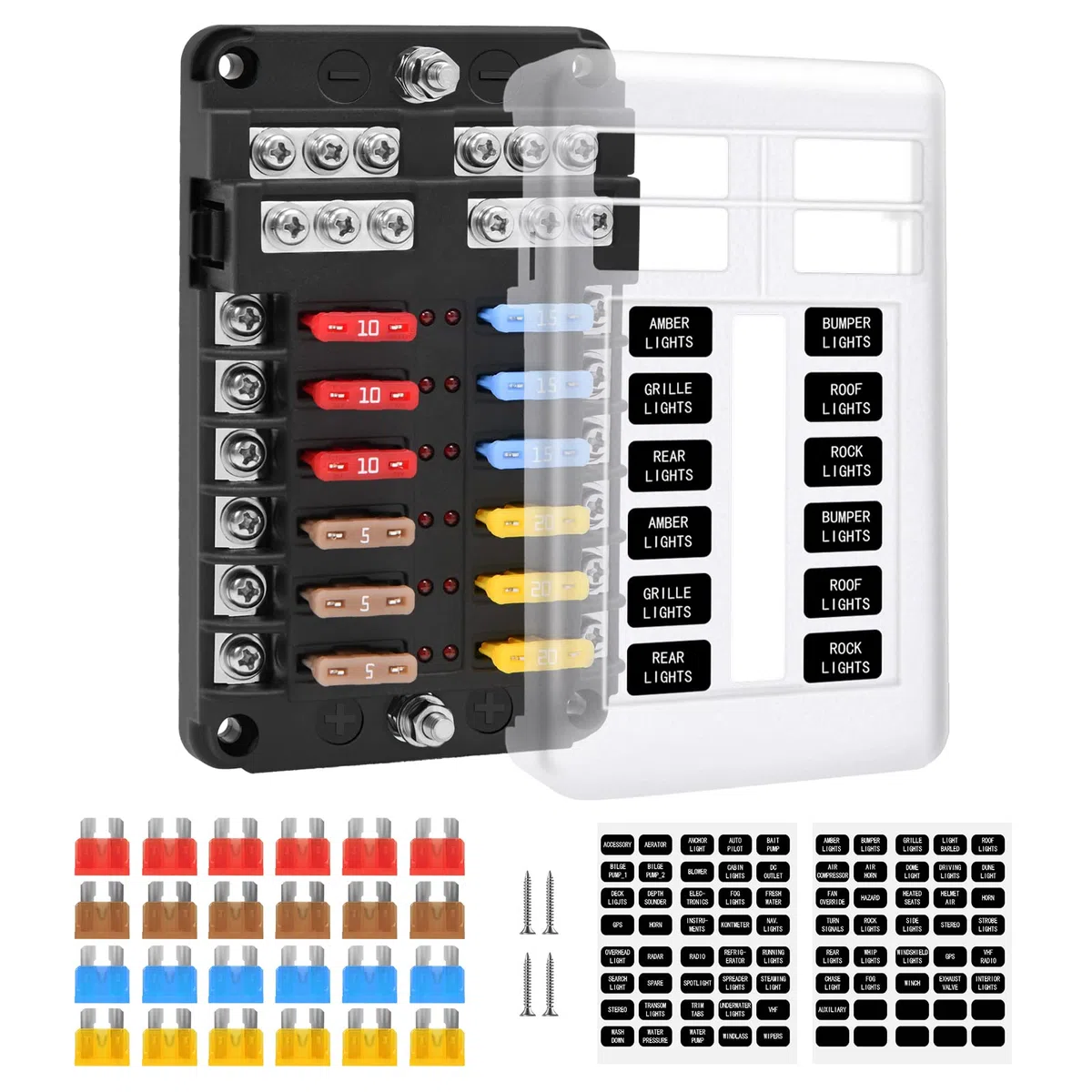 ENDARK Bloque de fusibles ATC/ATO de 12 vías con indicador LED, caja de soporte de cuchillas y autobús negativo para coche, barco, furgoneta, SUV