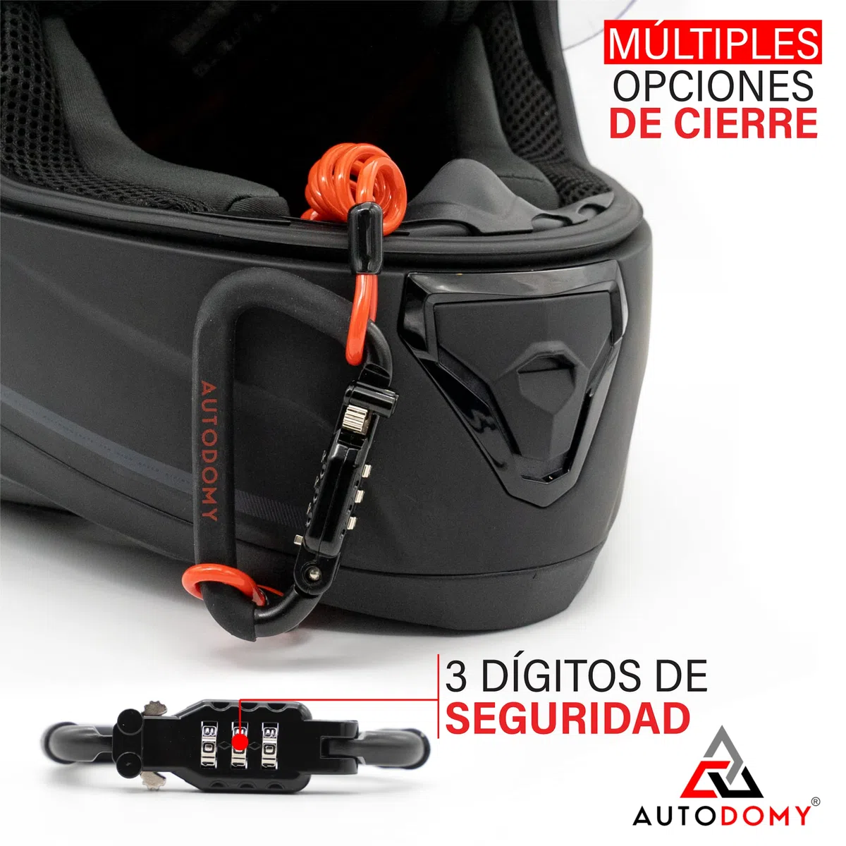 Autodomy Candado Casco Moto | Antirrobo Casco Moto con Mosquetón, Código de Seguridad, Cable de Acero Flexible de 150 cm y Adaptador T