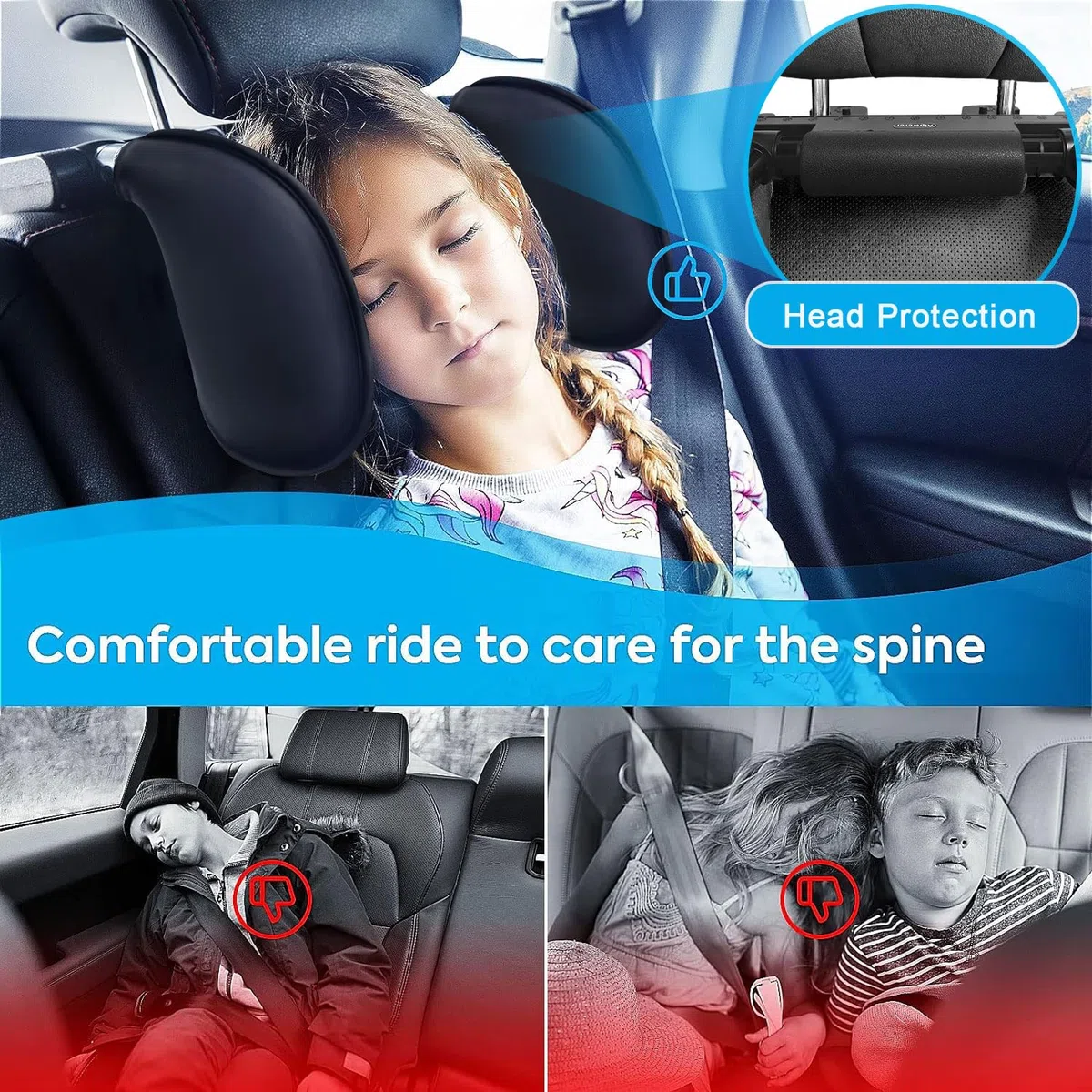 Reposacabezas Coche, Soporte para El Cuello Retráctil y Extraíble Almohada Gancho para Reposacabezas del Asiento del Coche, para Niños Adultos Soporte para La Cabeza (Negro, A05 PU)