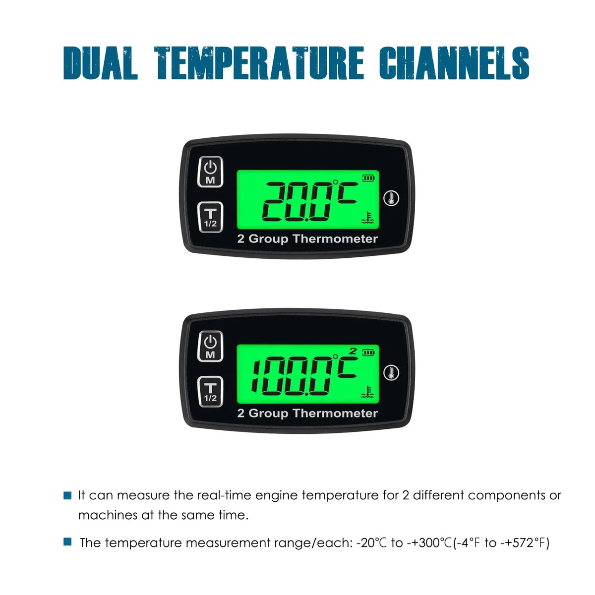 Runleader Medidor de temperatura digital, 2 grupos de visualización de temperatura para motocicleta, tractor, pitbike, moto, quitanieves, motosierra, barco, paramotor.