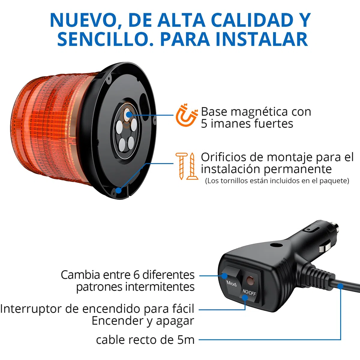 Baliza giratoria Rotativo Luz LED 12V/24V, 72 LED, base magnética, 6 modos de parpadeo, luz de advertencia IP65 para coche, camión, tractor,rotativo tractor