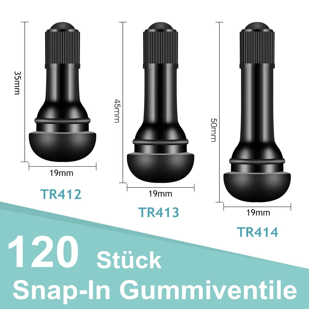 120 Piezas TR413 Válvulas de Goma Snap-In, Universal Valvulas para Neumático, Válvula Coche Tubeless para Automóviles, Motocicletas, Vehículos Todoterreno, Bicicletas